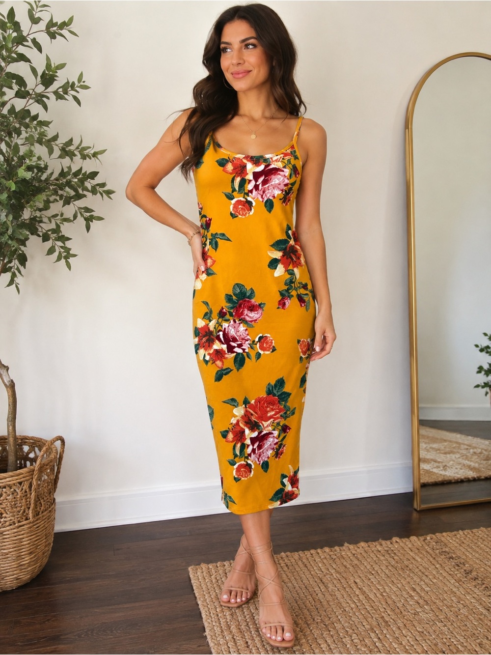 Mustard Floral Midi Slip Dress